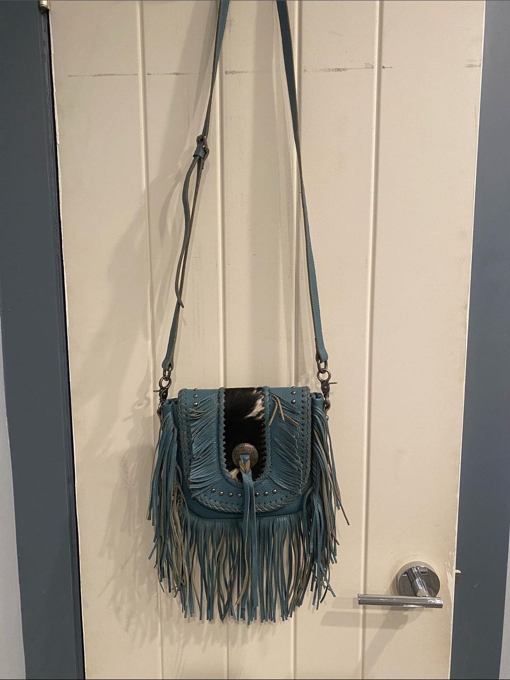 Montana West Teal Fringe Crossbody Bag with Concho and Hair-On Accent